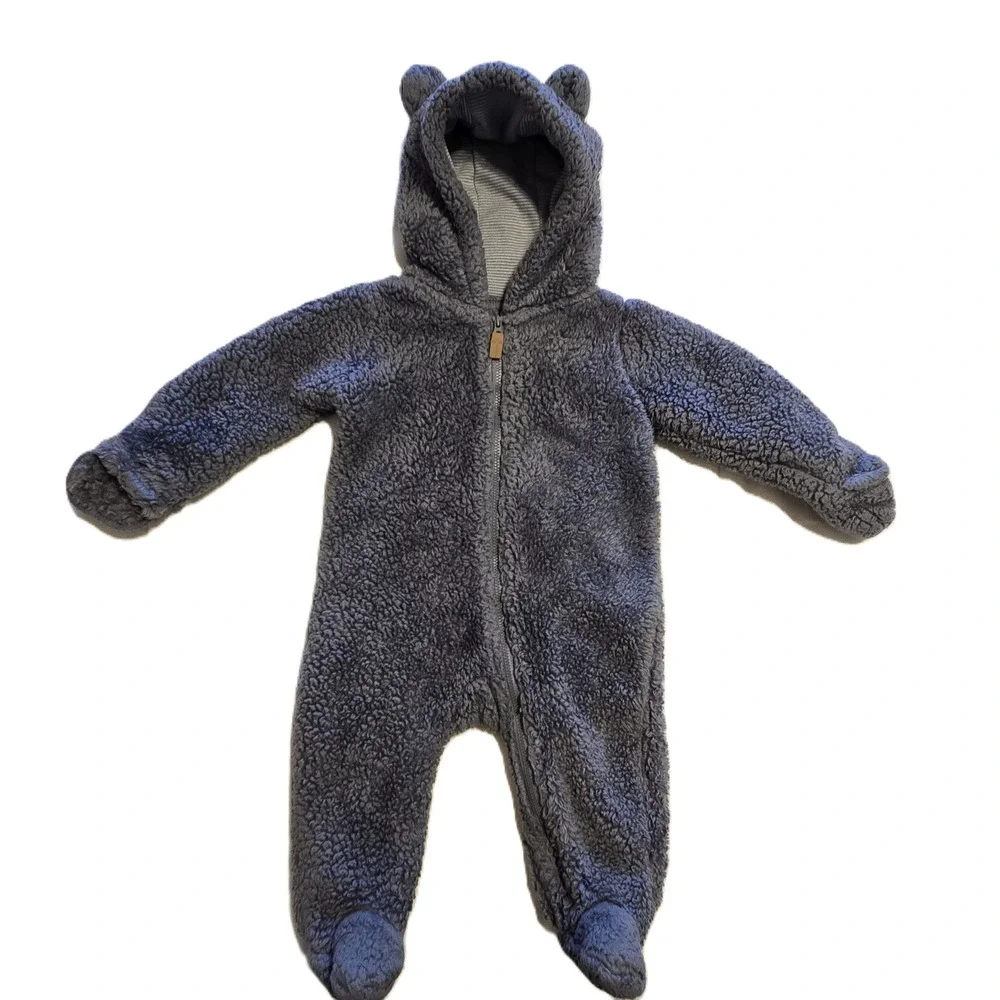 Carters 9M Gray Sherpa Pram Bear Hooded Footed One Piece Jumpsuit‎ Outfit